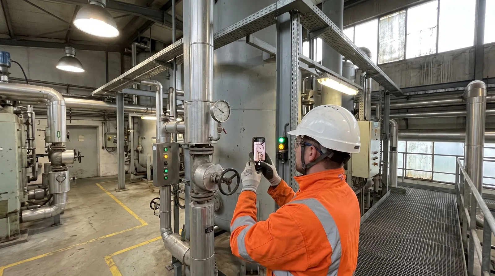 An operator on the mezzanine takes a photo of a valve with his phone